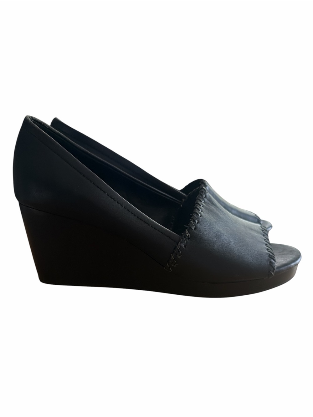 Jack Rogers Black Leather Peep-Toe Wedge Sandals